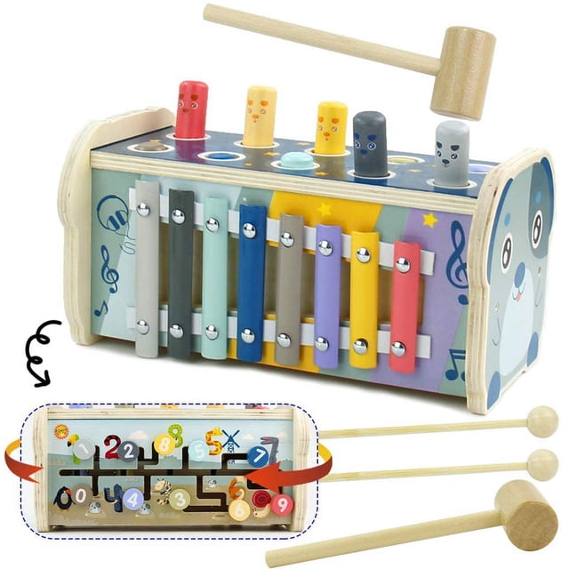 Estrela Juego de Martillo Xilófono Taburete de Percusión Montessori Juguetes para Niños 3 Años Niños y Niñas Juguetes de Madera Taburete de Percusión Martillo de Madera Laberinto Rompecabezas