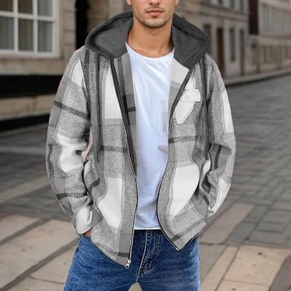 COSFO Flannel Mens Jackets Big And Tall Winter Plaid with Hood Lightweight Windbreaker Casual Zip up Long Sleeve Mens Coat