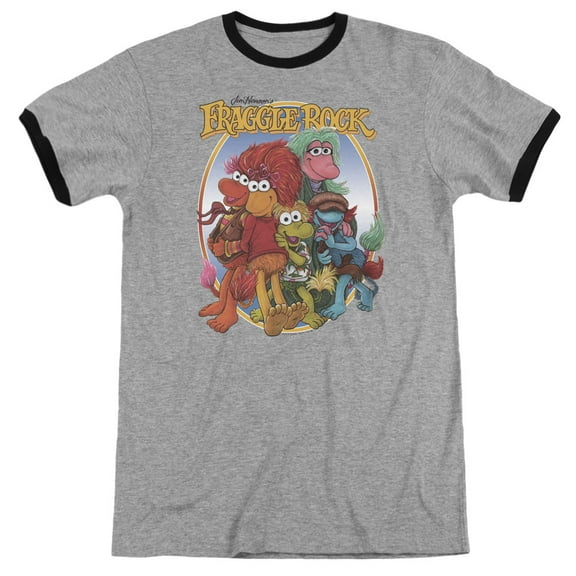 Fraggle Rock Group Hug Adult Ringer Heather Black