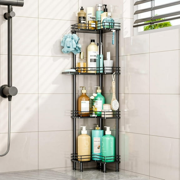 Corner Shower Caddy Organizer - 4 Tier Shower Shelf Corner with Soap Holder, Rustproof Bathroom Standing Organizer with 4 Hooks, Black