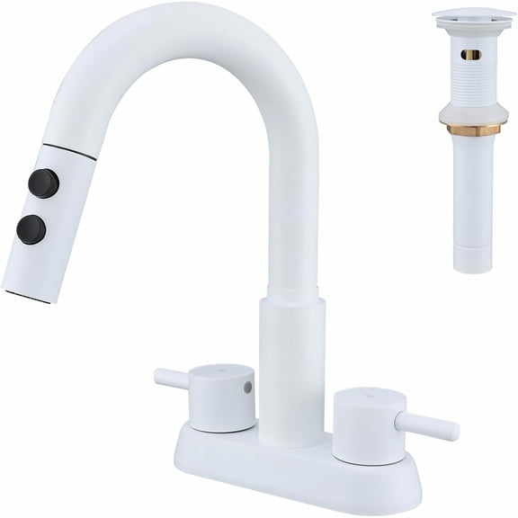 Bathroom Sink Faucet with Pull Down Sprayer 3 Holes, White 4 inch 2 Handles Centerset Laundry Bar Basin Pull Out Faucet with Pop-Up Drain