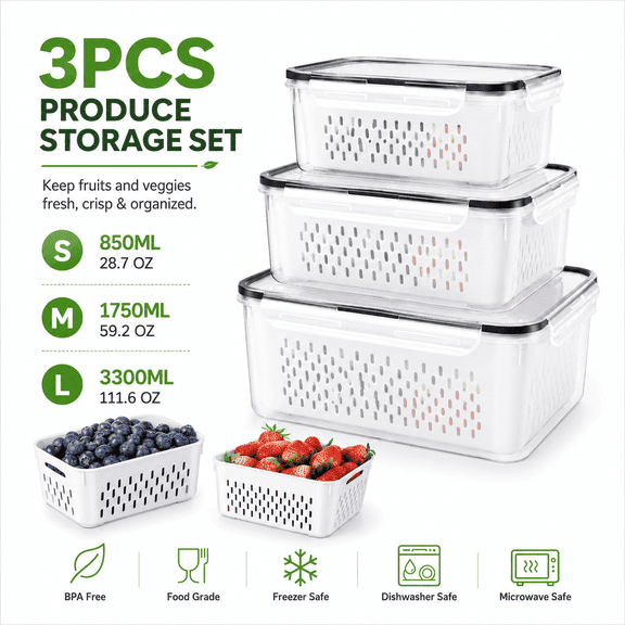 3PCS Fruit Containers for Fridge, Leakproof Food Storage Containers with Removable Colander, Produce Containers for Fruits, Vegetables, Berries, Salad and Meat, Dishwasher