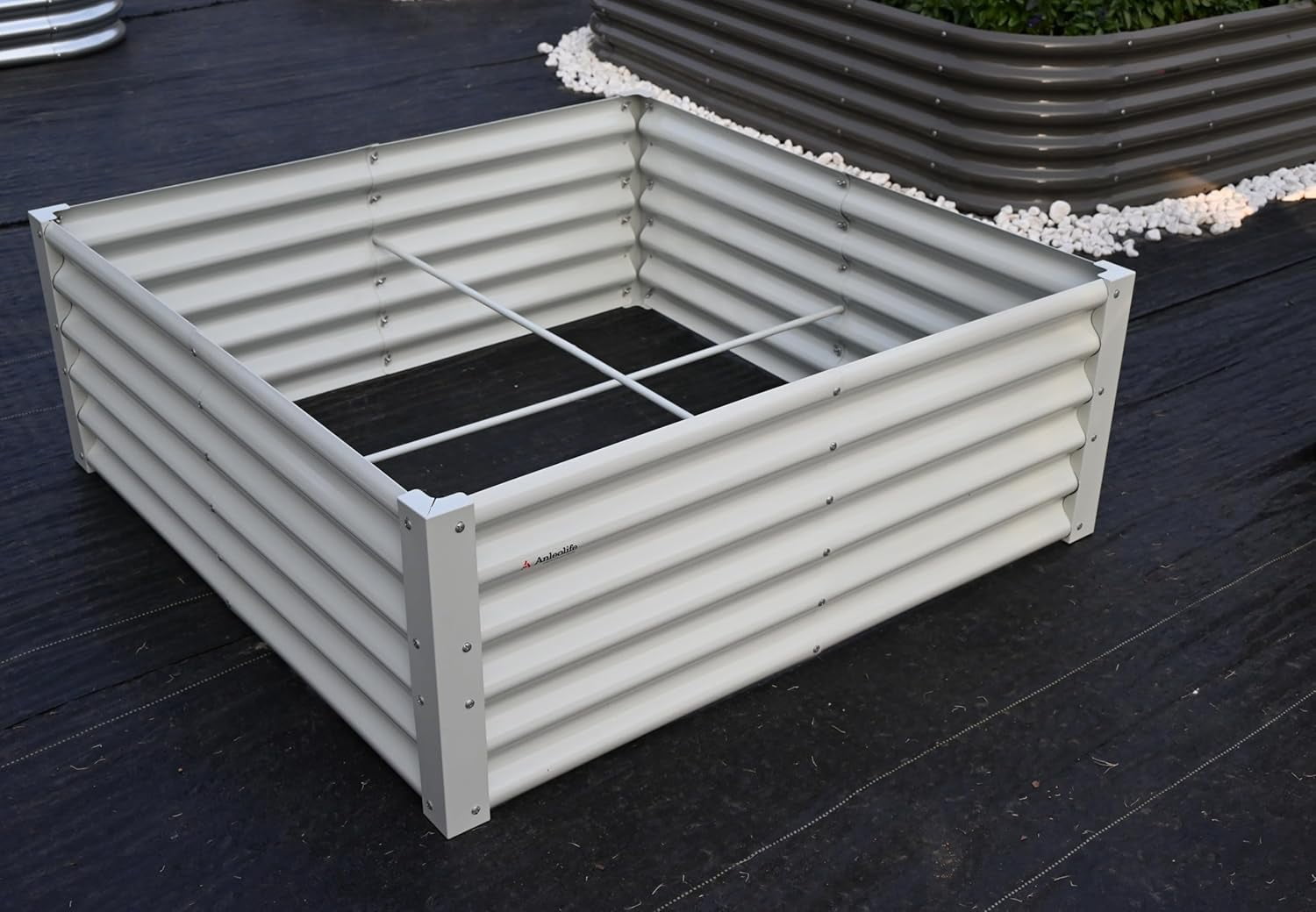 A ANLEOLIFE 8-Piece 18 Inch Tall Antique White Raised Garden Beds Kit, L-Shaped & Square Metal Planters –Ideal for Structured Backyard Layouts.