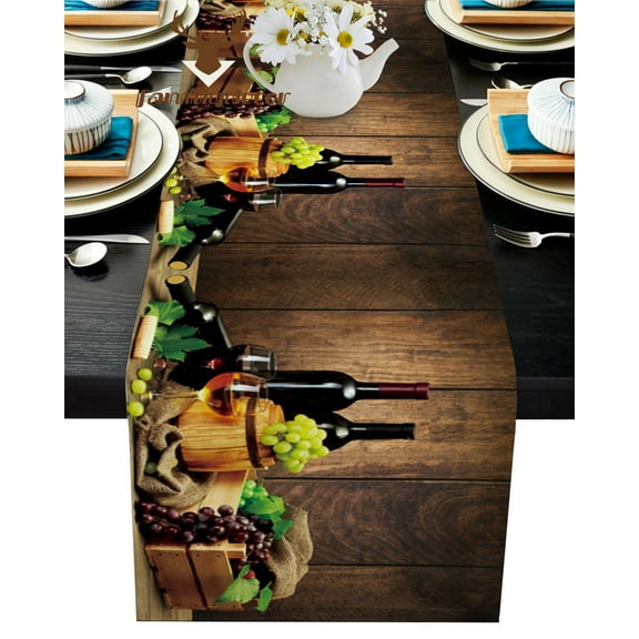 Wine Glass Wine Fruit Grapes Table Runner Home Wedding Table Flag Mat Table Centerpieces Decoration Party Dining Long Tablecloth