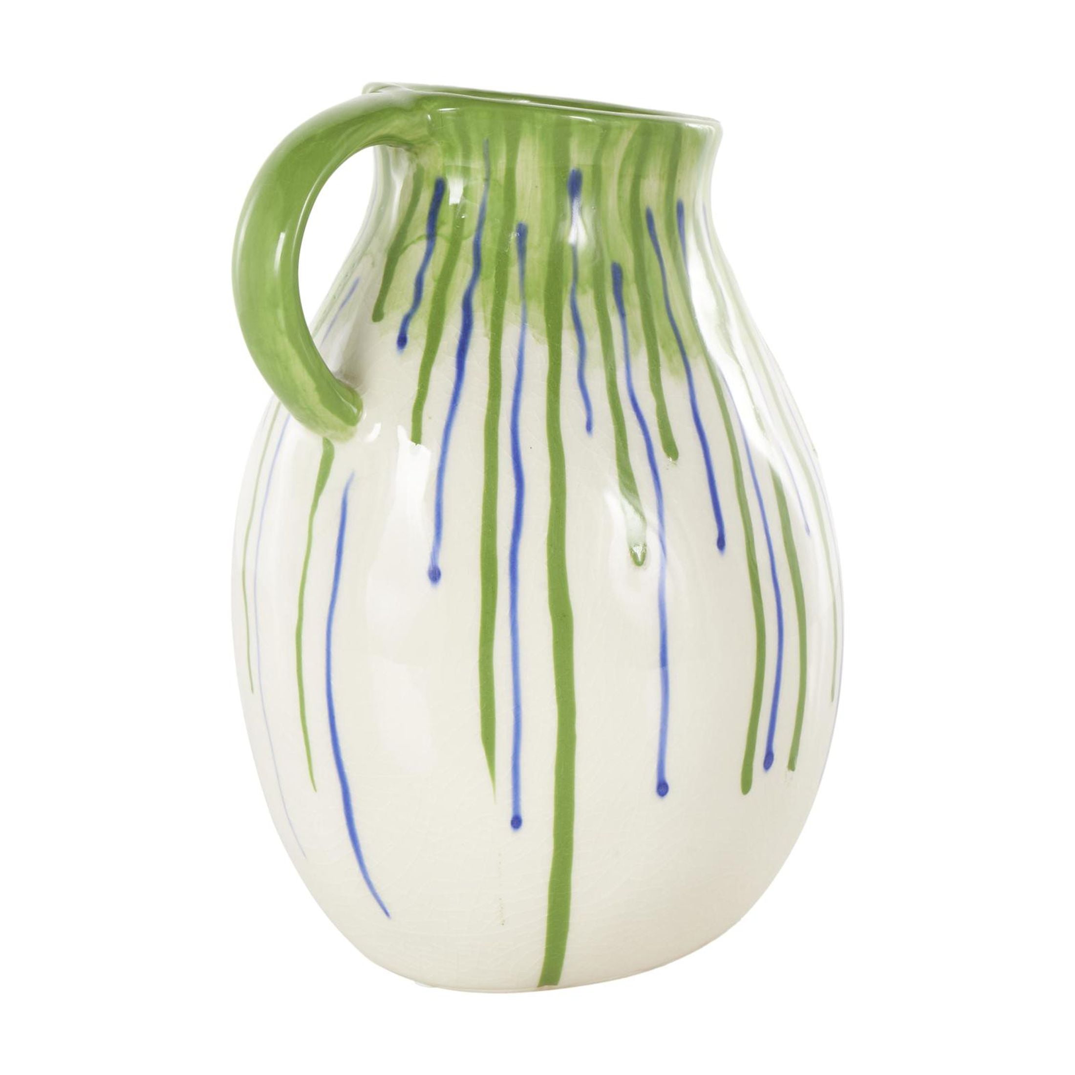 DecMode 11" Abstract White Ceramic Vase with Green and Blue Drip Design and Handle