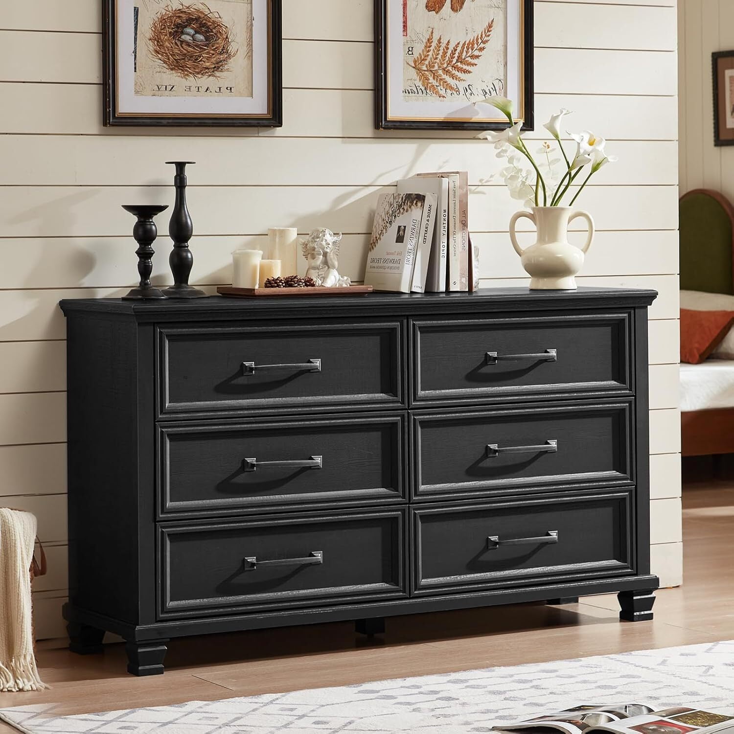 LELELINKY 6 Drawer Dresser for Bedroom, Chest of Drawers Wood Storage Cabinet for Living Room, Black