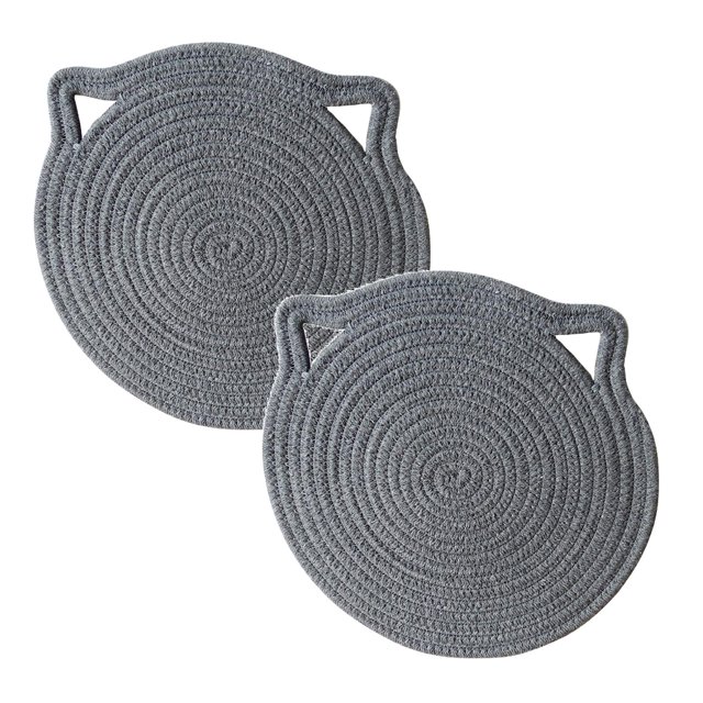 Oleegame 2PC Placemat Heat-resisting Cotton Rope Placemat With Hanging Cartoon Cat Ears ,Easy To Rinse Gray