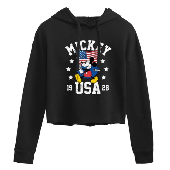 Disney - Mickey Waving Flag USA - Juniors Cropped Pullover Hoodie