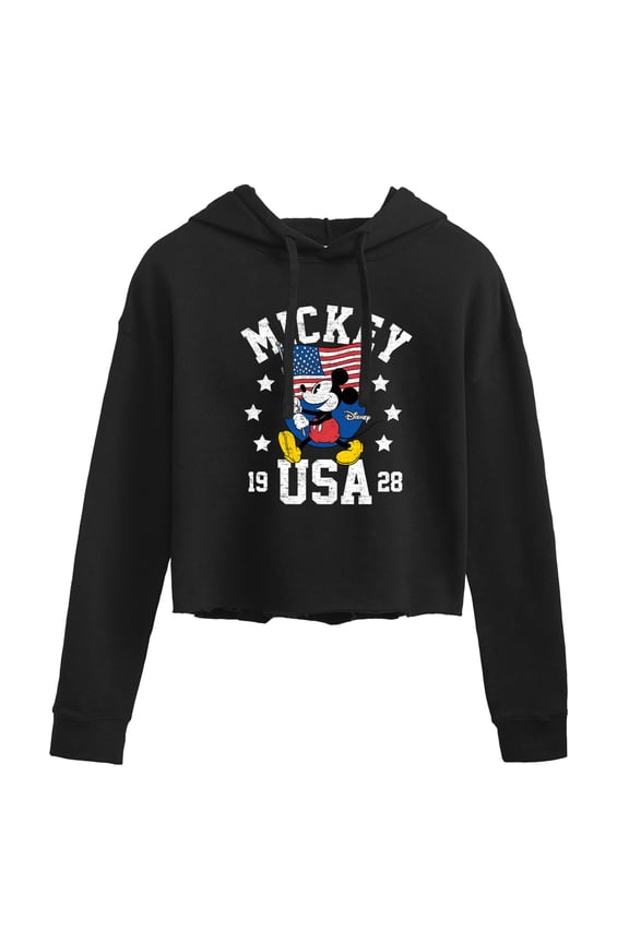- Mickey Waving Flag USA - Juniors Cropped Pullover Hoodie