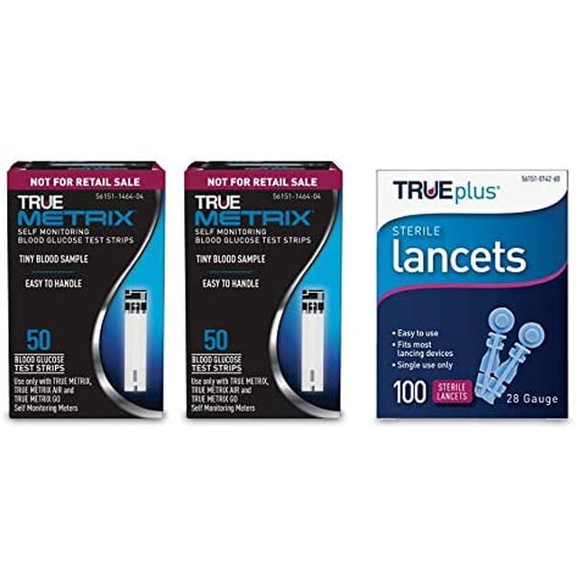 2 Paquetes de 50 Tiras Reactivas para Prueba de Glucosa TRUE METRIX® KPTR02117334 con 100 Lancetas Calibre 28 Tecnología Triple Sense TRUE METRIX® KPTR02117334