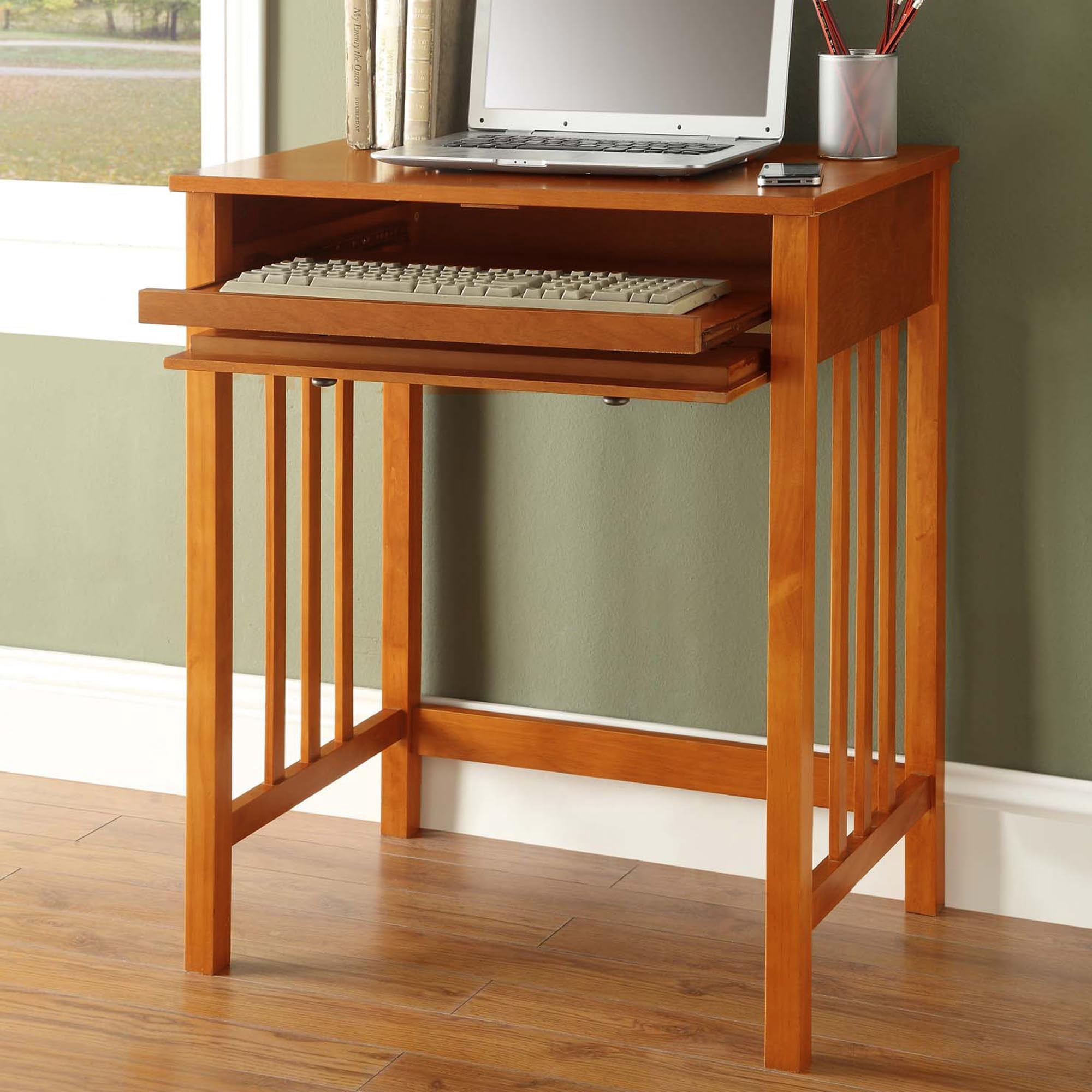 Scranton & Co Transitional Wood Desk with Sliding Keyboard Tray in Oak Brown