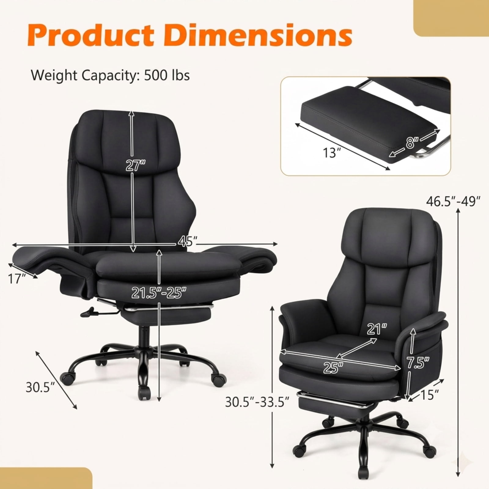Furnibear Big and Tall Executive Office Chair 500 lbs Ergonomic Cross Legged Computer Chair with Retractable Footrest and Flip Up Arms, Black