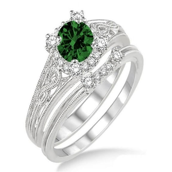 1.25 Carat Emerald & Diamond Vintage halo floral Bridal Set Engagement Ring on 10k White Gold