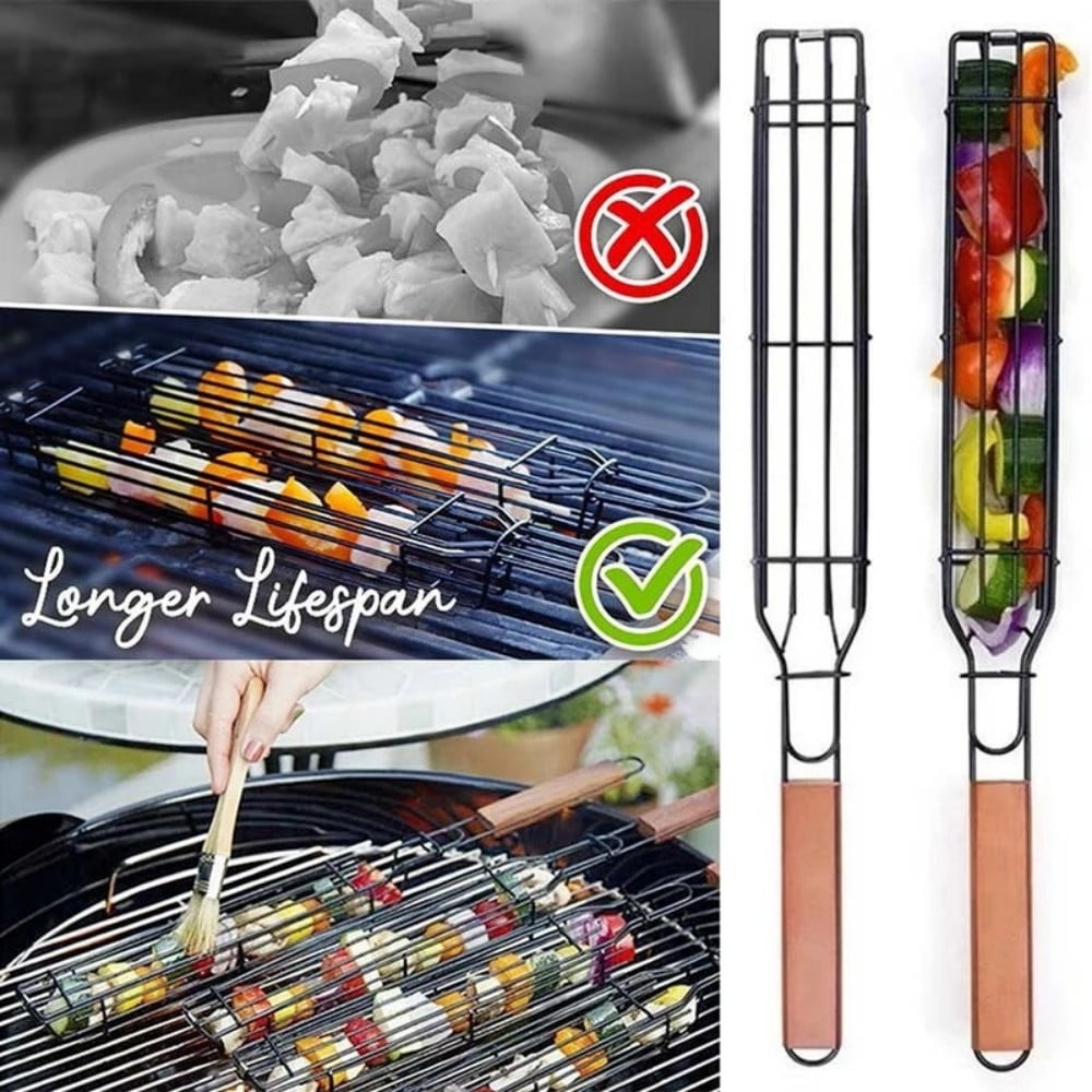 2 Packs Stainless Steel Kabob Grilling Baskets with Wooden Handle Mesh