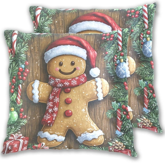 Christmas Gingerbread Man Throw Pillow Covers 16x16 Inch 2 Packs Decorative Square for Living Room Couch Bed Sofa