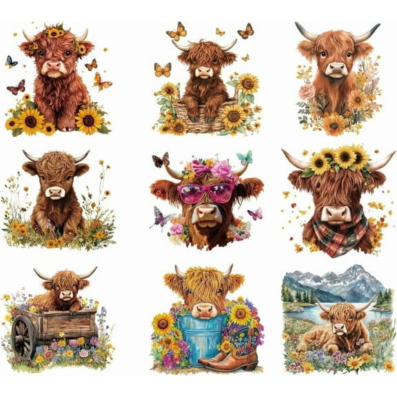 9 Sheets Plastic Iron-On Transfer Logo Stickers Highland Cow Sunflower Pattern Heat Transfer Film Sticker Set for DIY Hats Jackets T-Shirts Bags Curtains Decorative Accessories Colorful