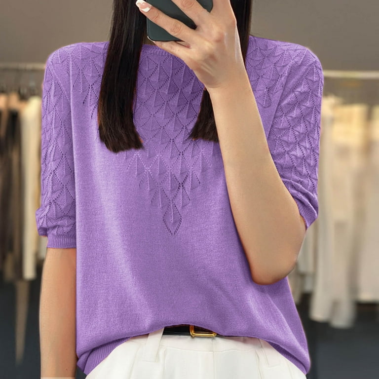 トップス juvyy JUUYY Womens Summer Solid Color Roundneck Eyelet Embroidery