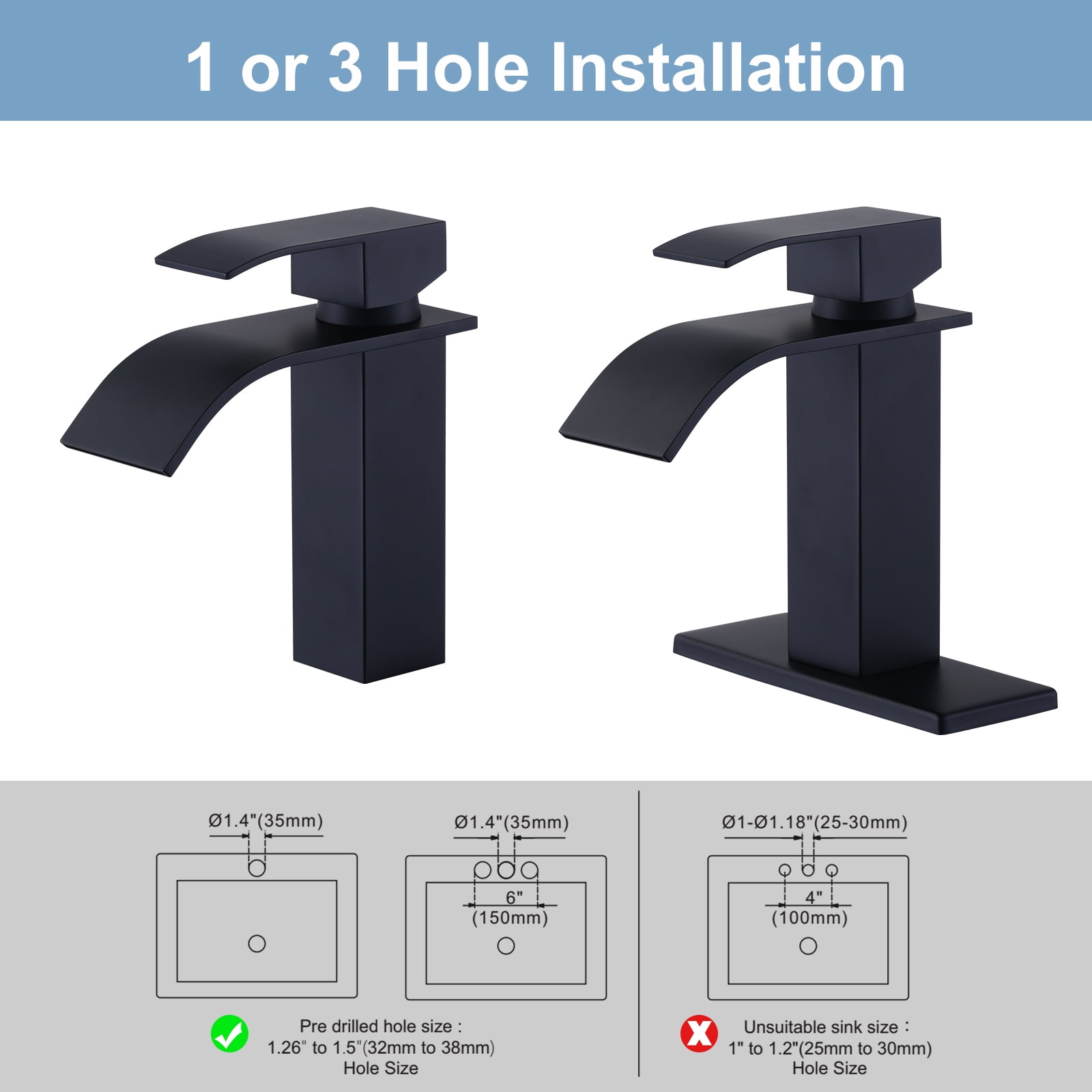 Wowow Waterfall Bathroom Faucet Matte Black Faucet for Bathroom Sink Single Handle Mixer Tap Lavatory Vanity Faucet with Deck Plate and Pop Up Drain, 1 or 3 Hole