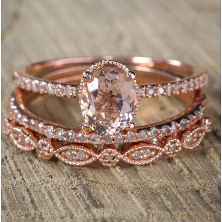 Sale 2 carat Antique Milgrain Oval Shape Morganite & Diamond Trio Ring Set in 10k Rose Gold with One Halo Engagement Ring 2 Wedding (Best Wedding Bands For Halo Rings)