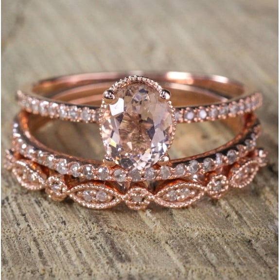 Sale 2 carat Antique Milgrain Oval Shape Morganite & Diamond Trio Ring Set in 10k Rose Gold with One Halo Engagement Ring 2 Wedding Bands