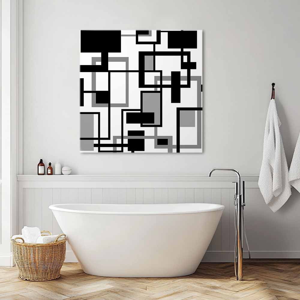 Geometric Black Canvas Wall Art, White and Gray Line Framed Wall Decor Modern Artwork Prints Painting for Living Room, Bedroom, Kitchen & Cafe Decor 16x16 Inch