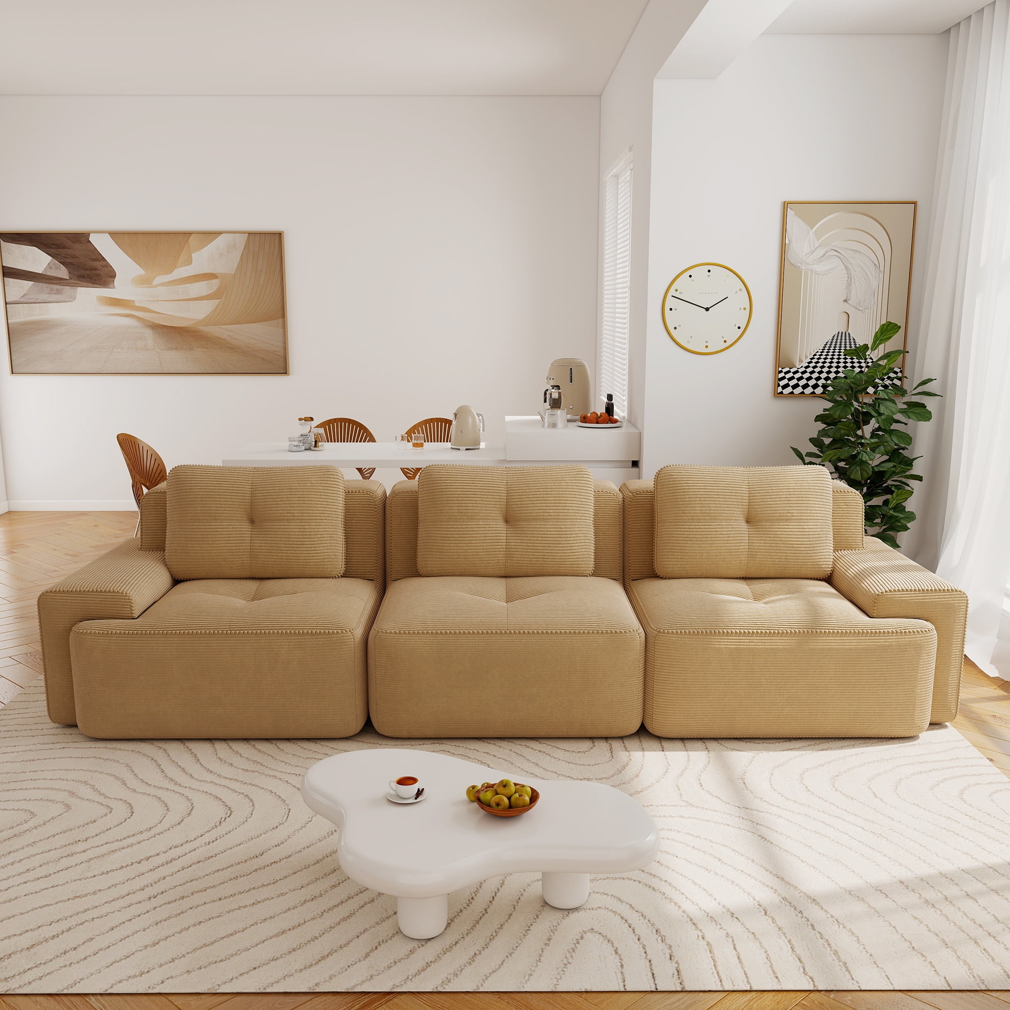 Aukfa Corduroy 3-Piece Modular Sectional Sofa, 93-in Wide Sofa Seat for Living Room, Tufted, Camel