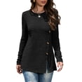 thumbnail image 1 of Suéter de punto de manga larga a rayas de otoño/invierno con cuello redondo, un botón y abertura lateral, negro, talla L, 1 of 6