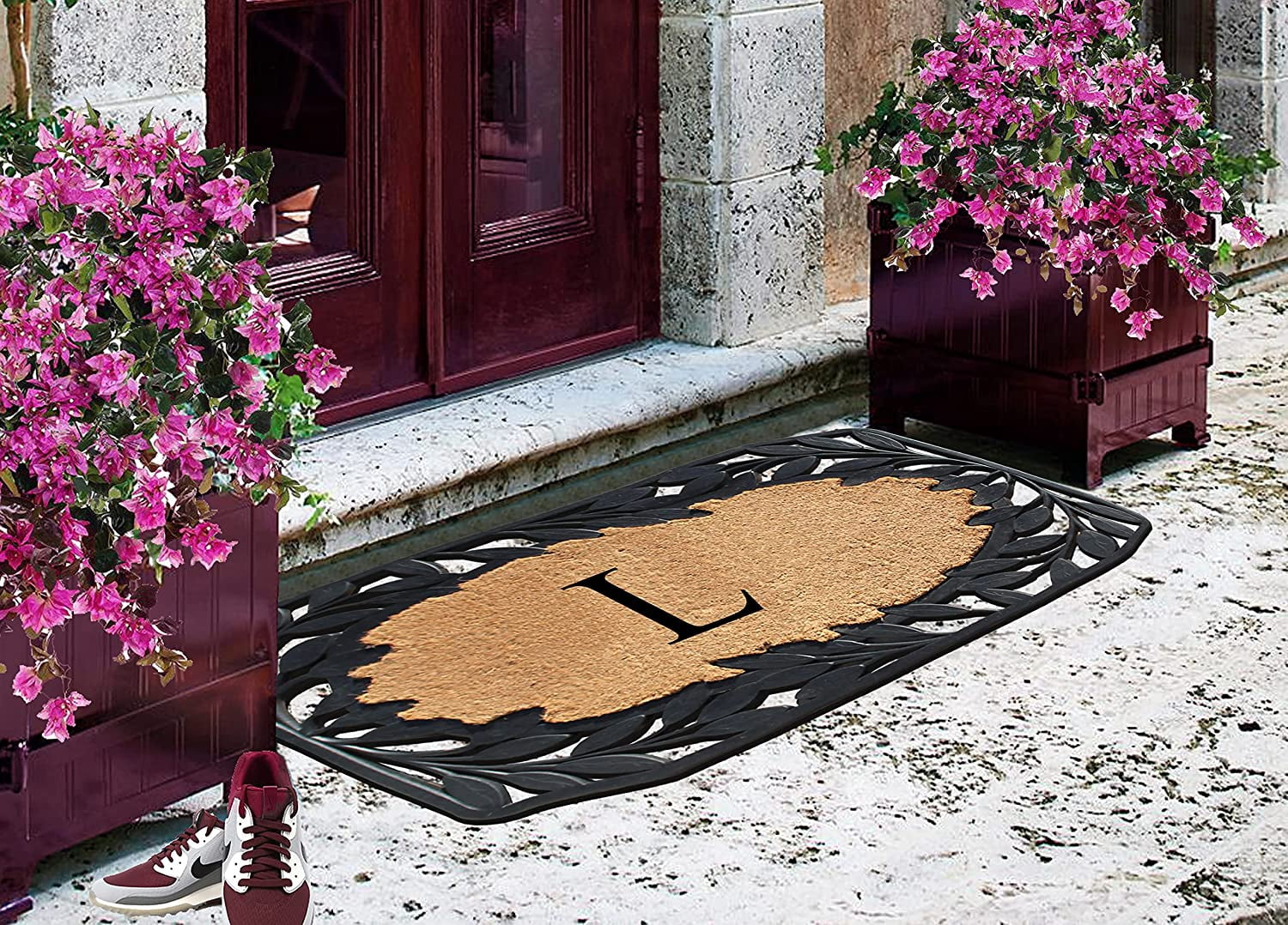 A1 Home Collections Floral Black, Beige, Multi-color Rubber and Coir Doormat for Outdoor Entrance Non Slip Backing Front Door Mat, 23" x 38"