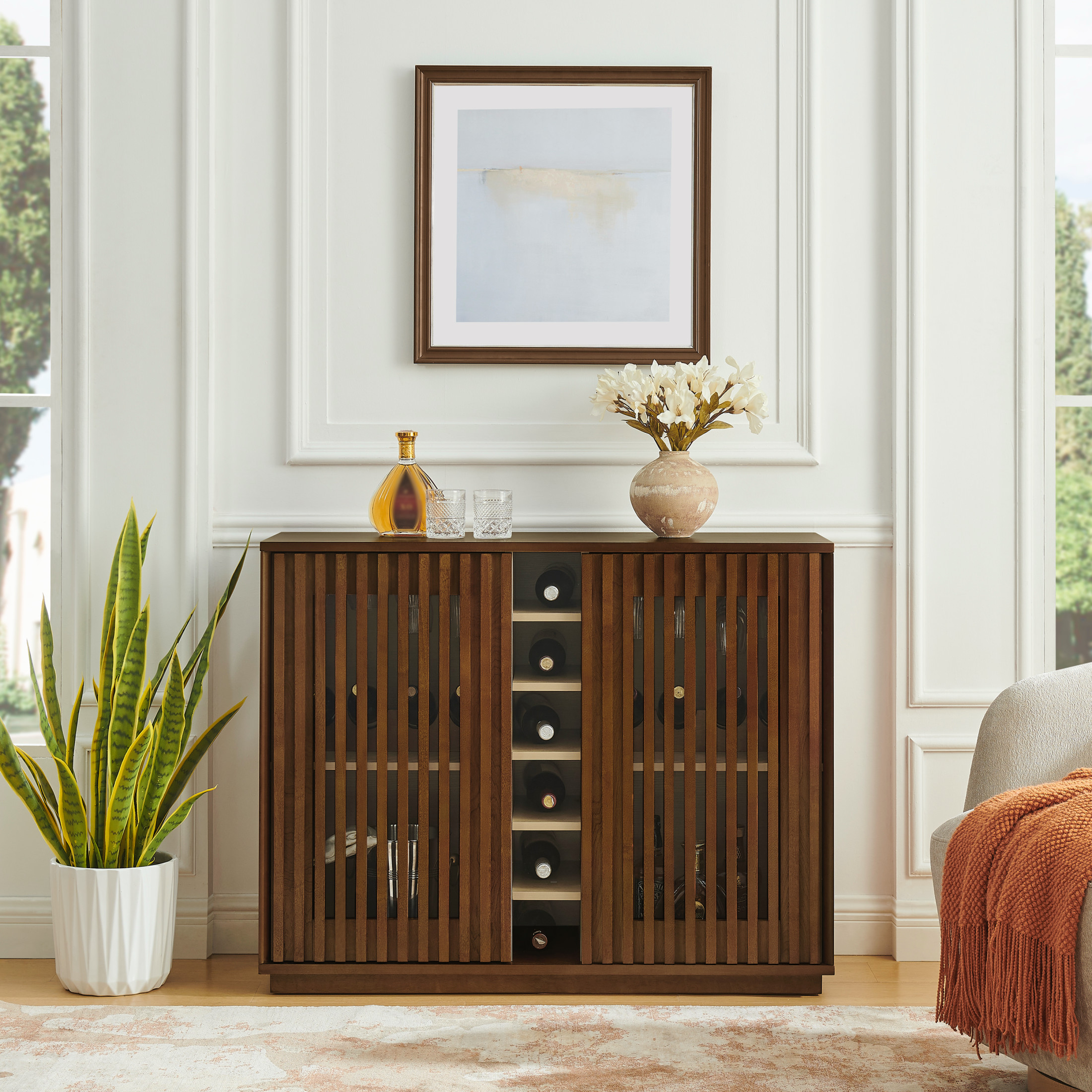 GDF Studio 43.1" Mid Century Modern Fluted Liquor Cabinet with Wine Rack & Glass Holder, Walnut
