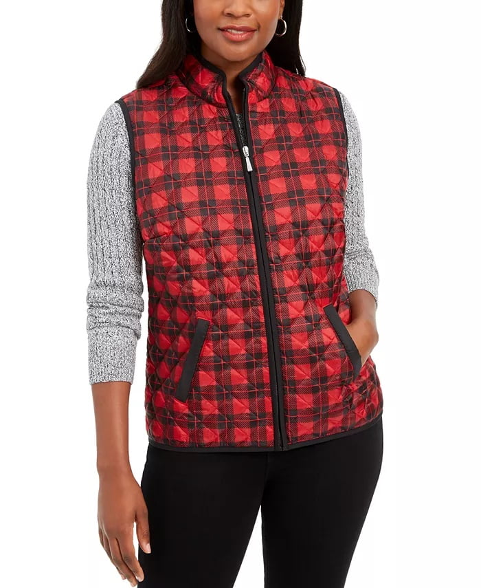 red plaid puffer vest