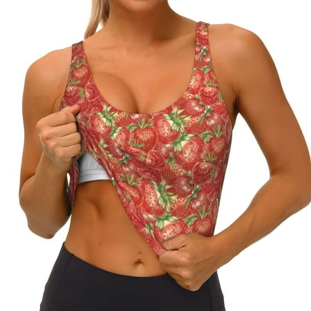 Goofa Strawberry Printed Sports Bras for Women  High Impact Running Bra Workout Crop Tank Tops Longline Sports Bra Push up-Medium