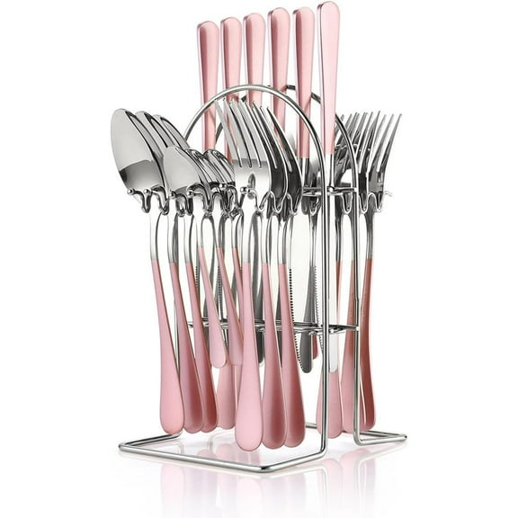 24 Pieces Flatware Set, Stainless Steel Cutlery Set with Silverware Holder, Pink Spoons Forks Knives Set, Hanging Silverware Set Service for 6, Durable Stainless Steel Utensils Set