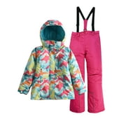 Hiheart Girls Hooded Colorful Thick Snowsuits Hooded Snow Jacket&Snow Pants 2pcs Set