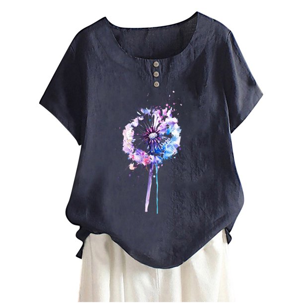 Camisas de Manga Corta para las Mujeres, Blusa de Botón de Impresión Casual con Cuello Redondo Hecha de Tela Suave Transpirable para Verano Primavera, Blusas de Manga Corta para las Mujeres
