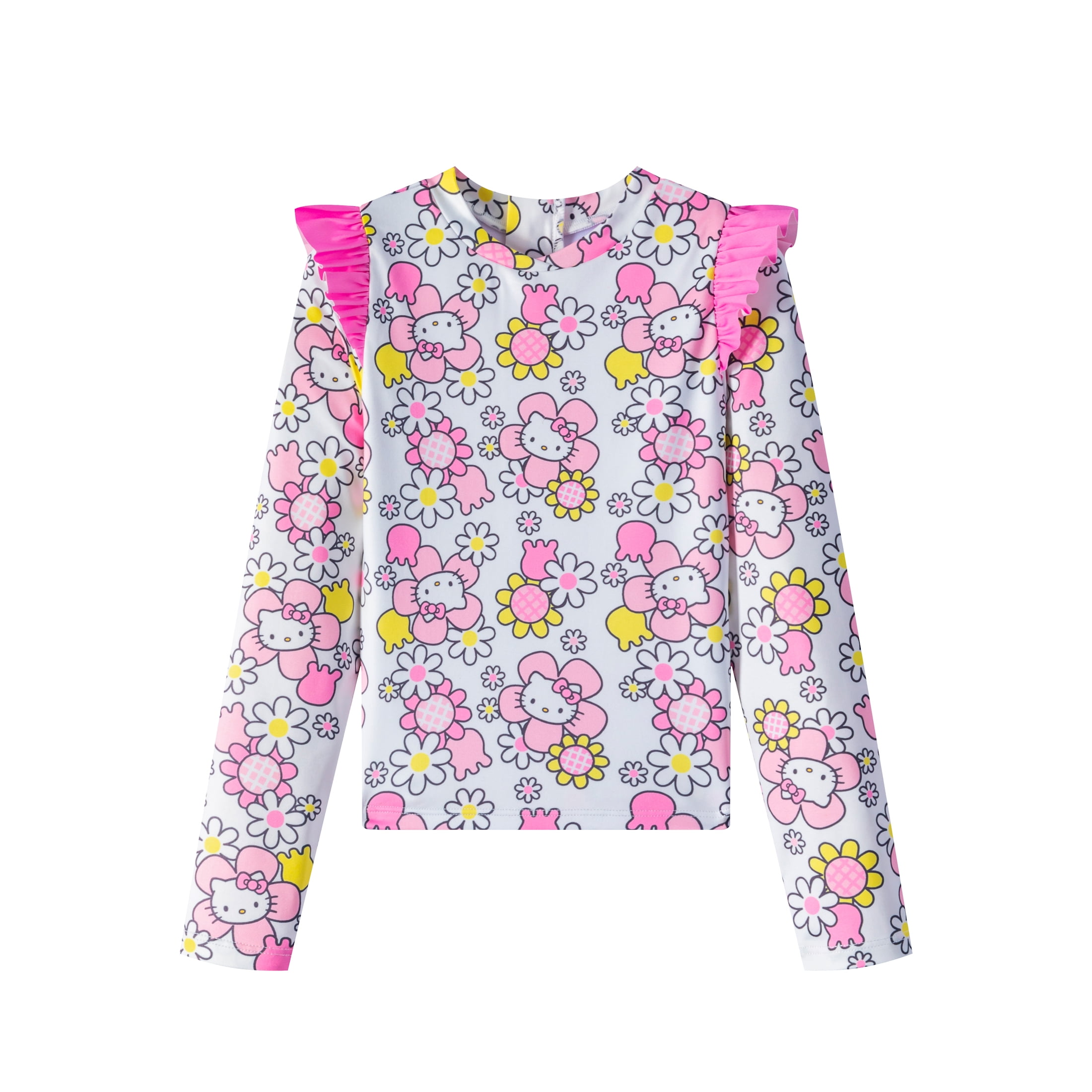 Hello Kitty Sanrio Girls Long Sleeve Rash Guard & Bikini Bottom UPF 50+, 2 Piece Swimsuit Set (Size 4-10)