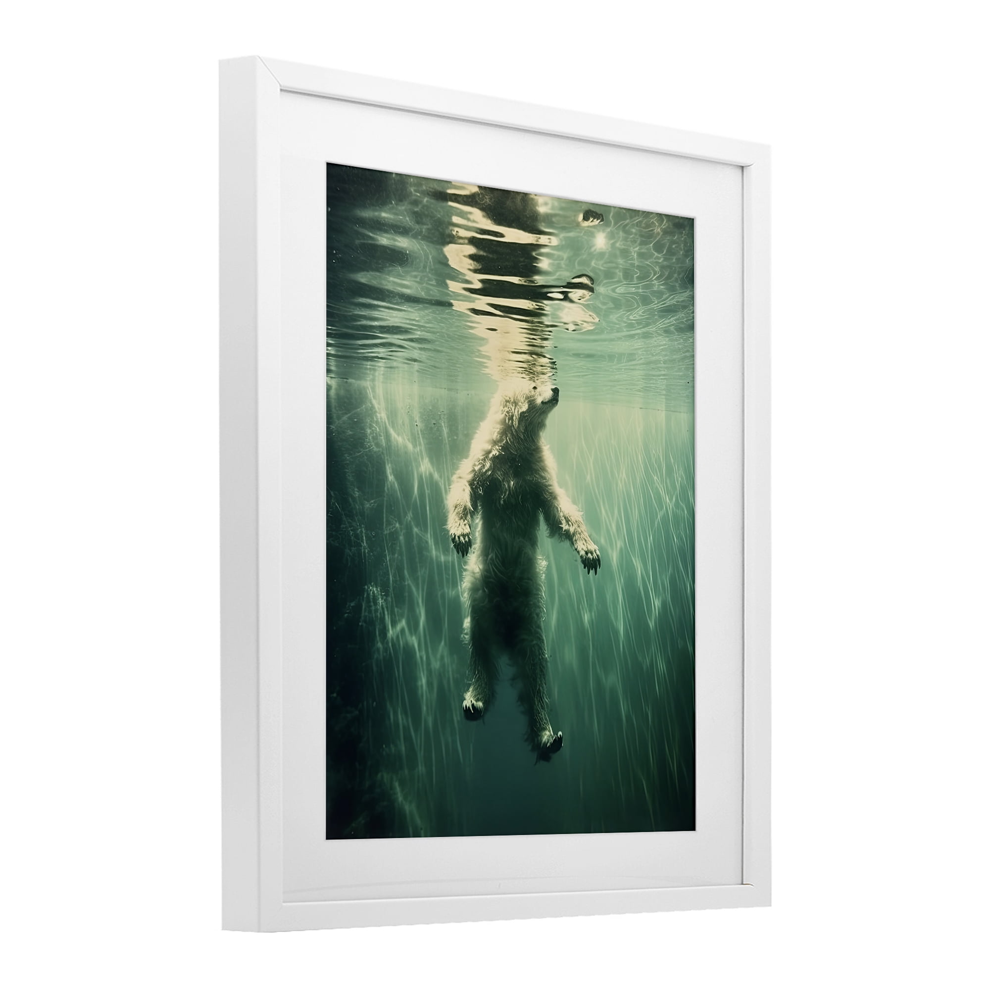 Floating Bear Underwater White Framed Print Under Glass, design by Decent Exposures