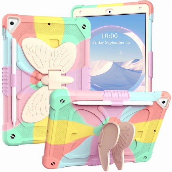 for iPad 7/8/9th Generation 2021/2020/2019 Case with Butterfly Kickstand Wings Heavy Duty for iPad Air 3 Case 10.5'' Pencil Holder Shockproof Protective Cover Kids Girls for iPad 9th 10.2''，Colorful
