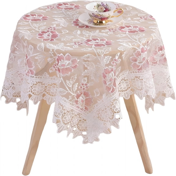 AUQ Round White Floral Tablecloth - Lace Embroidered Elegant Decorative Edging Table Cover for Coffee Wedding Holiday (White,35" Round)