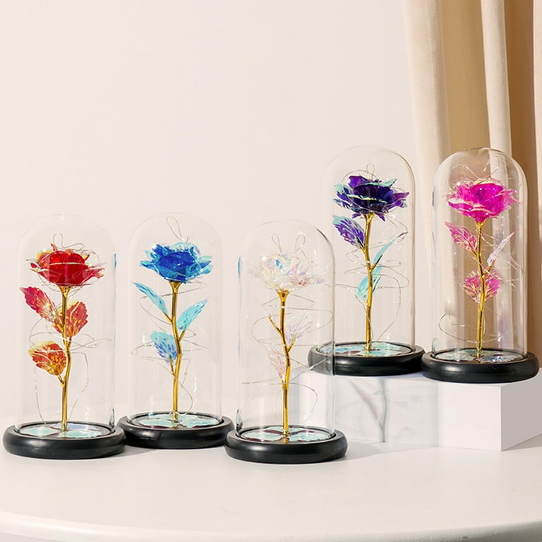 Catekro Glass Roses, Colorful Artificial Flowers With LED Warm