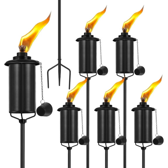 Home Garden Torch Set of 6, 16oz Outdoor Metal Torch Garden Décor, 59-Inch Upgraded Citronella Torches with 3-Prong Grounded Stake, Metal Light Torches for Party Patio Pathway