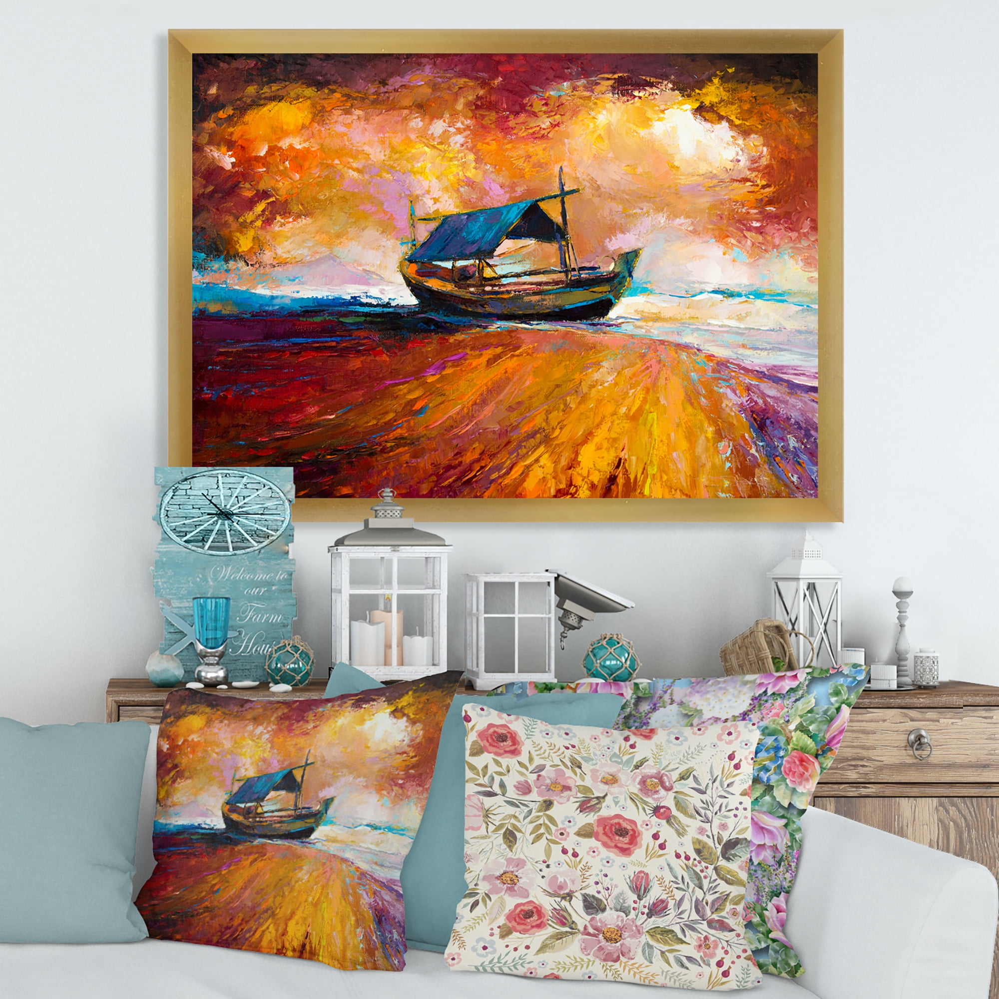 Traditional Fisher boat During Ocean Evening Glow 20 in x 12 in Framed Painting Canvas Art Print, by Designart