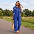 thumbnail image 4 of Textilo Womens Dressy Pant Suits 3pc 3/4 Sleeve Floral Cardigan Sleeveless Top Wide Leg Pants Set Suits Wedding Guest Pant Suits,Blue L, 4 of 5