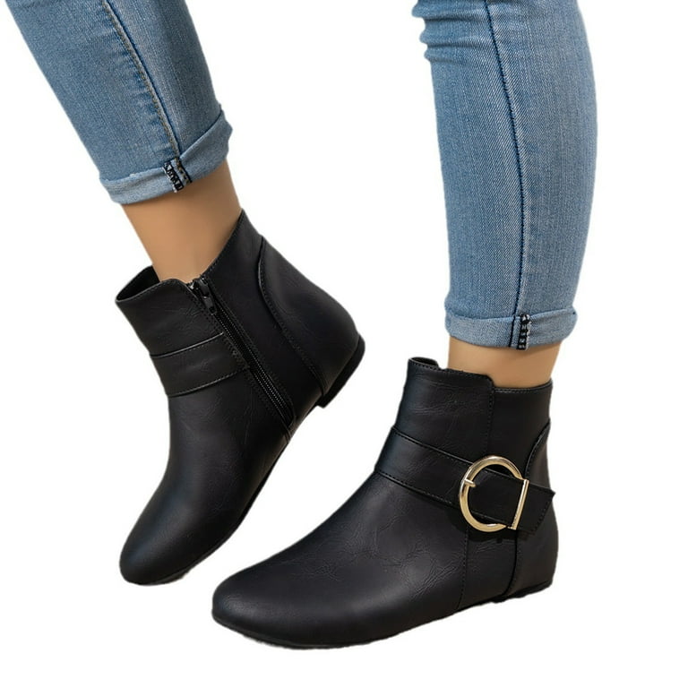 Lovskoo 2024 Women s Low Heeled Ankle Boots Closed Toe Large Buckle Side Zipper Flat Bottomed Low Cut Versatile Low Heels Ankles Booties Black Walmart