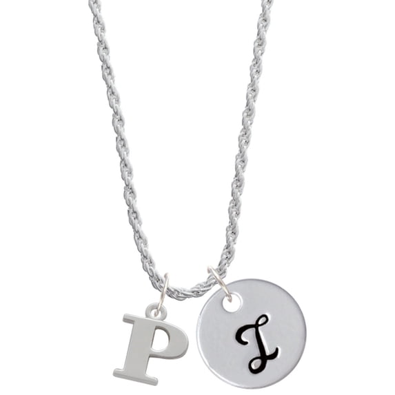 Delight Jewelry Silvertone Large Initial - P - Silvertone Script Initial Disc - I - Charm Necklace, 20"+3"