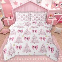 Homewish Kawaii Cartoon Bow Queen Comforter Set,Merry Christmas Xmas Tree Bedding Sets,Pink White Bedding Comforter Set For Girl Teens,Super Cozy Room Decor Reversible,3-Piece