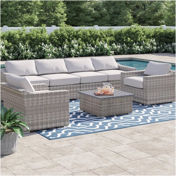 JERFIT 7-Piece Patio Sectional Set with Coffee Table, All-Weather Wicker Outdoor Sofa & Club Chairs, Washable Grey Cushions, No Assembly Required