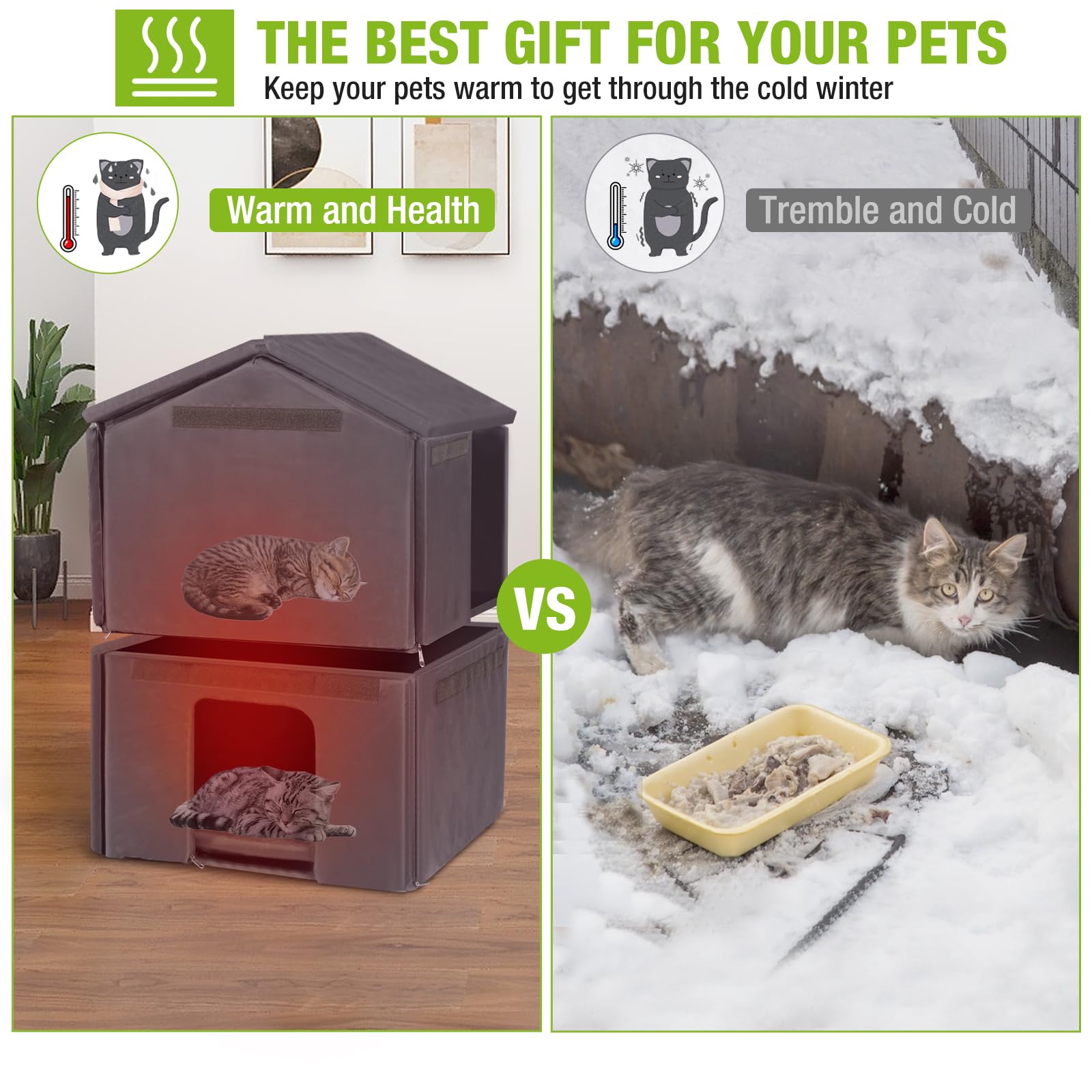 Aivituvin Outdoor Insulated Cat House Insulated Weathproof Two Story Feral Cat Shelter for Winter with Escape Door