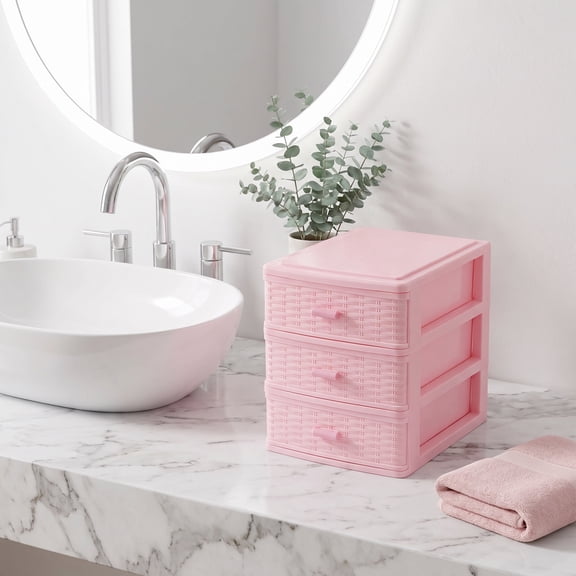 Plastic Drawer Organizer, 3 Drawer Stackable Storage Drawers for Jewelry, Makeup, Office Supplies and Small Items, Pink, 5.11 x 6.68 x 5.97 Inch