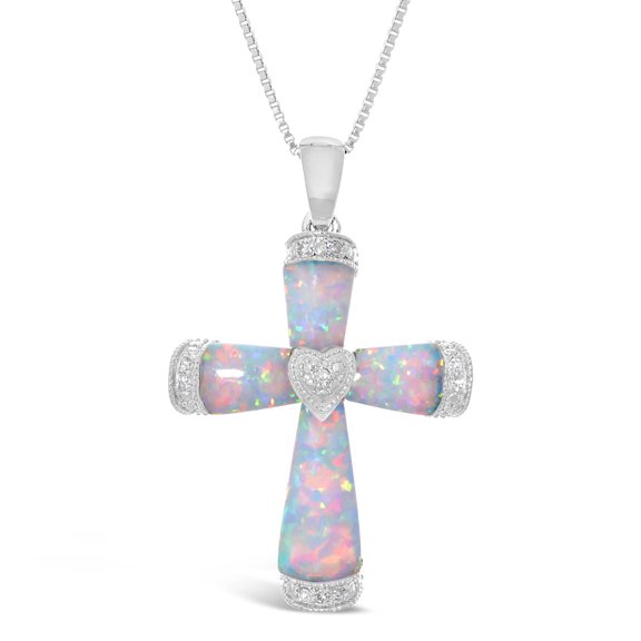 .03 cttw Diamond and Created Opal Cross Pendant in Sterling Silver 18"