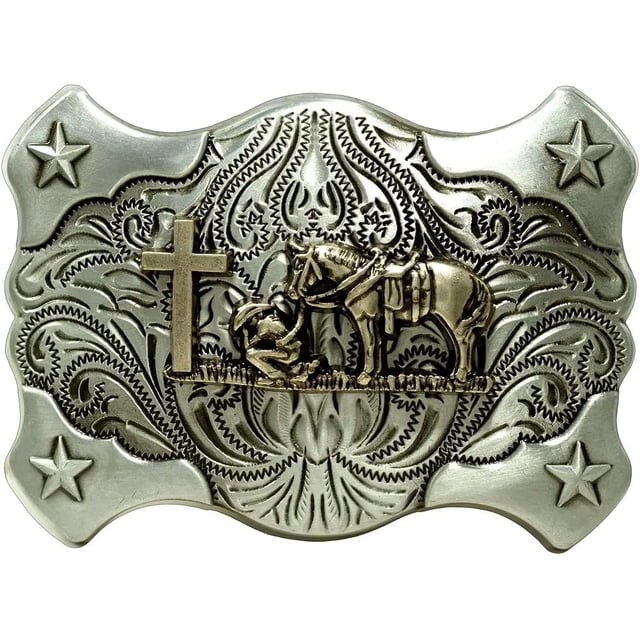 Moranse Religion Cross Cowboy Kneeling Prayer And Horse Design Belt Buckles